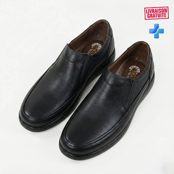 Chaussure de ville homme cuir noir slip-on – Vue dessus paire intérieur BAJO – Semelle médicale ergonomique premium – BAJO SHOES 108