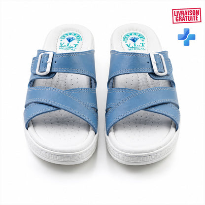 Sandales médicales pour femme BAJO SHOES en cuir souple respirant avec semelle confortable et boucles ajustables.