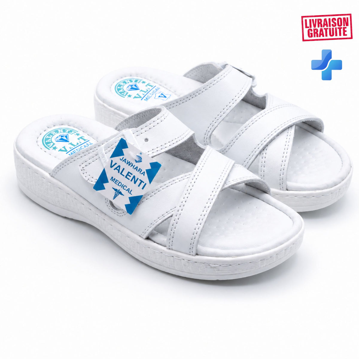 Sandales médicales pour femme BAJO SHOES en cuir souple, respirant avec semelle confortable et boucles réglables.