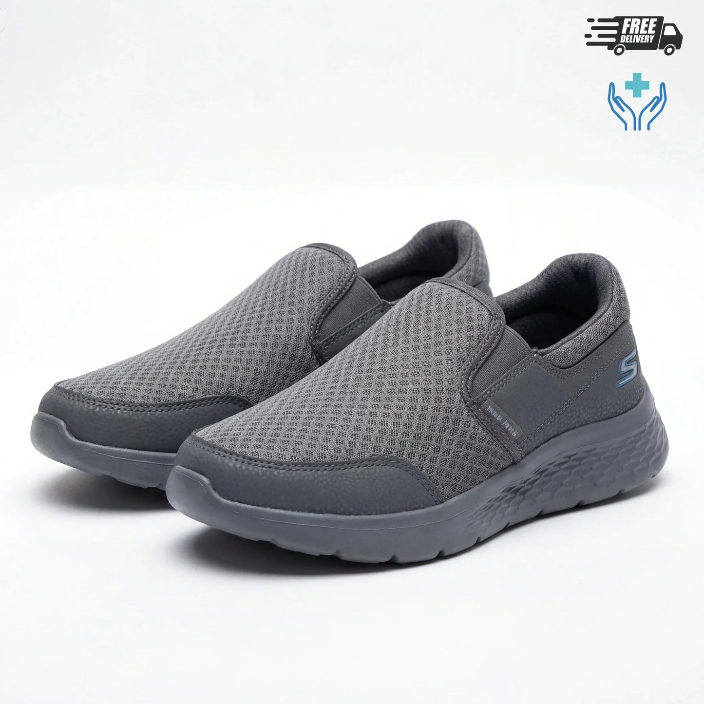 BAJO SHOES 127 grey mesh slip-on sneakers pair – 3/4 front view – breathable mesh design – lightweight comfort – BAJO SHOES ref 127