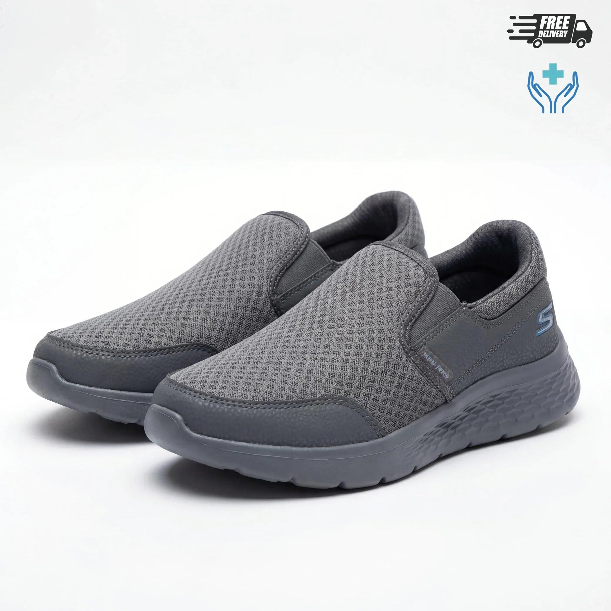 BAJO SHOES 127 grey mesh slip-on sneakers pair – 3/4 front view – breathable mesh design – lightweight comfort – BAJO SHOES ref 127