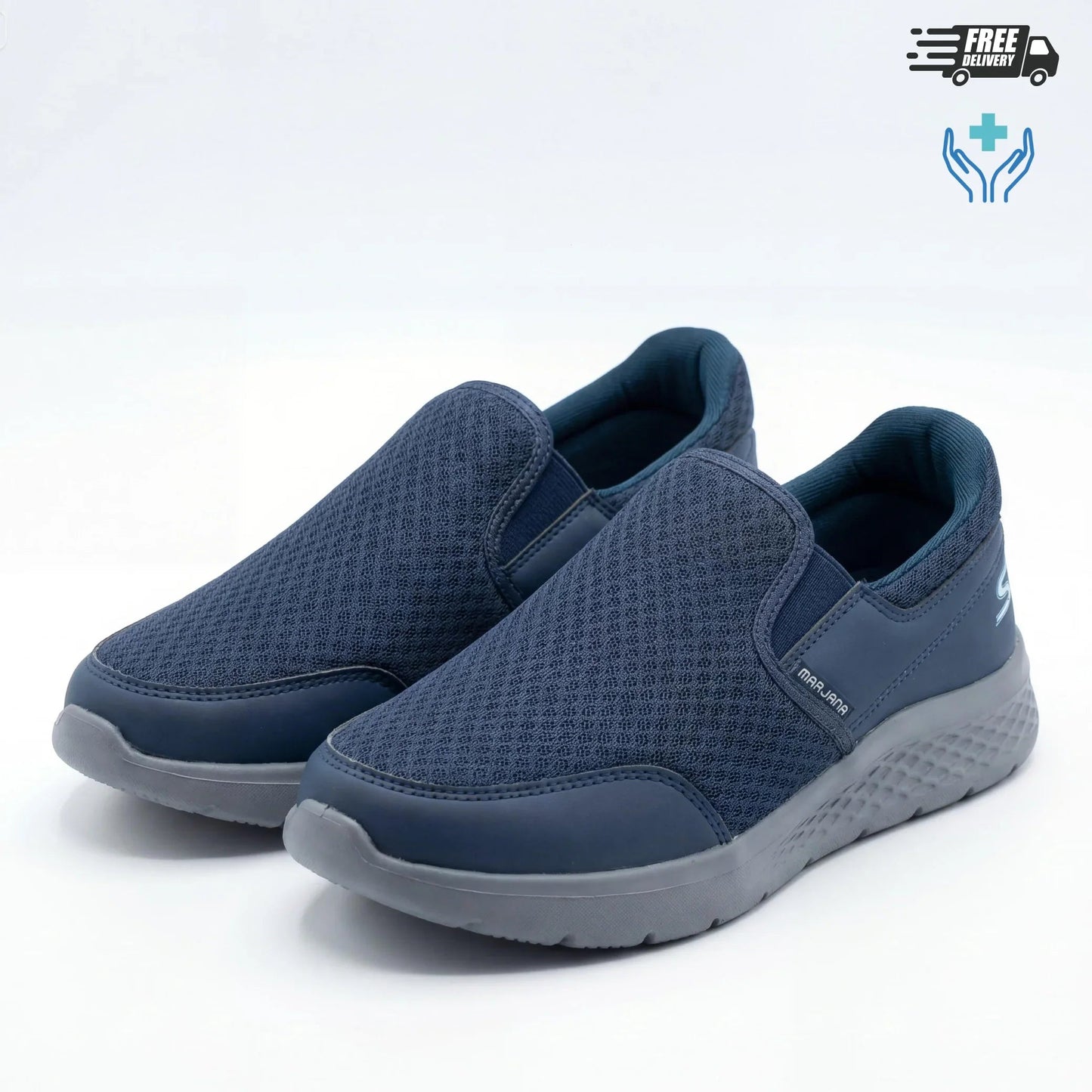 BAJO SHOES 127 navy blue mesh slip-on sneakers pair – 3/4 front view – breathable mesh upper – lightweight sole – BAJO SHOES ref 127