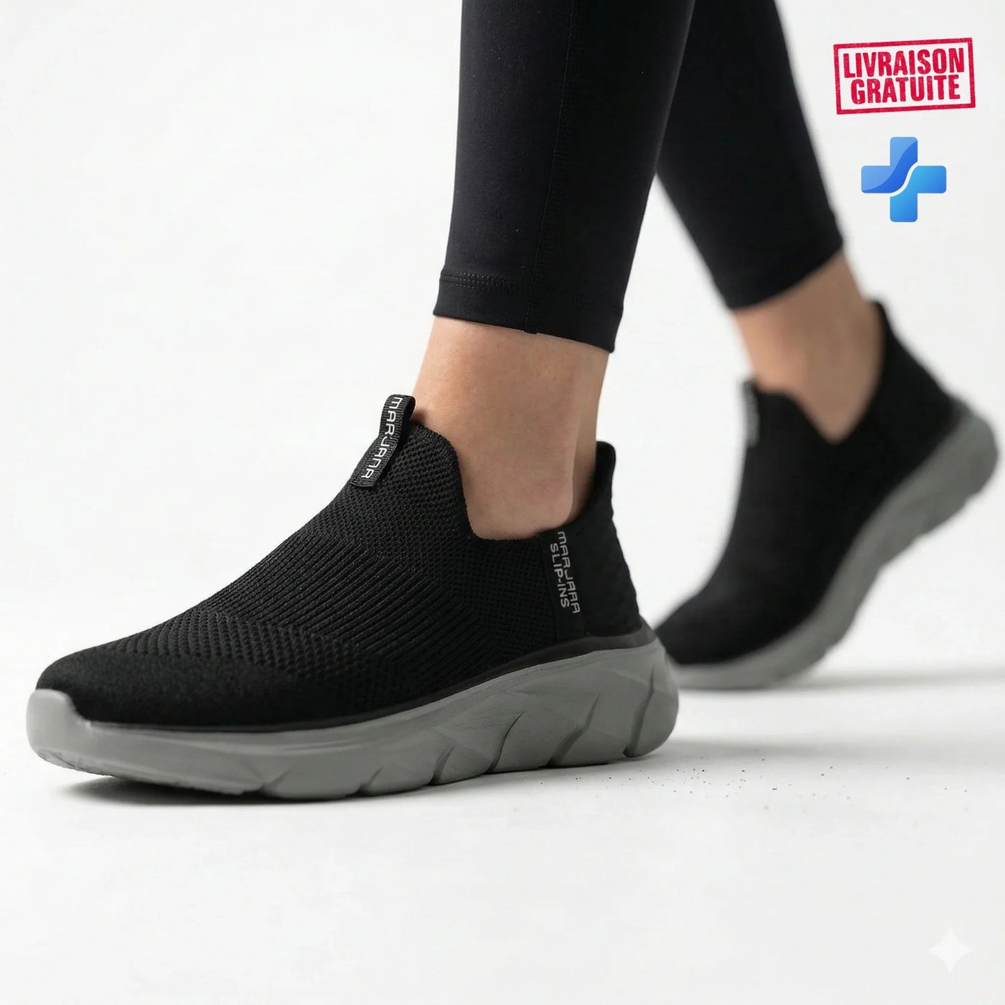 BAJO SHOES Baskets Médicales Femme Slip-in noir – portées en mouvement – Marjana Slip-Ins – confort absolu marche sans douleur – BAJO SHOES