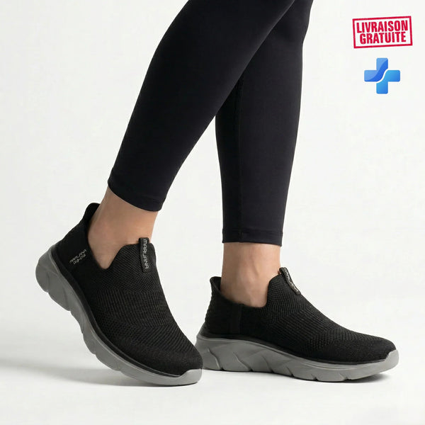 BAJO SHOES Baskets Médicales Femme Slip-in noir – portées en marche avec leggings noirs – Marjana label – semelle orthopédique ergonomique – BAJO SHOES