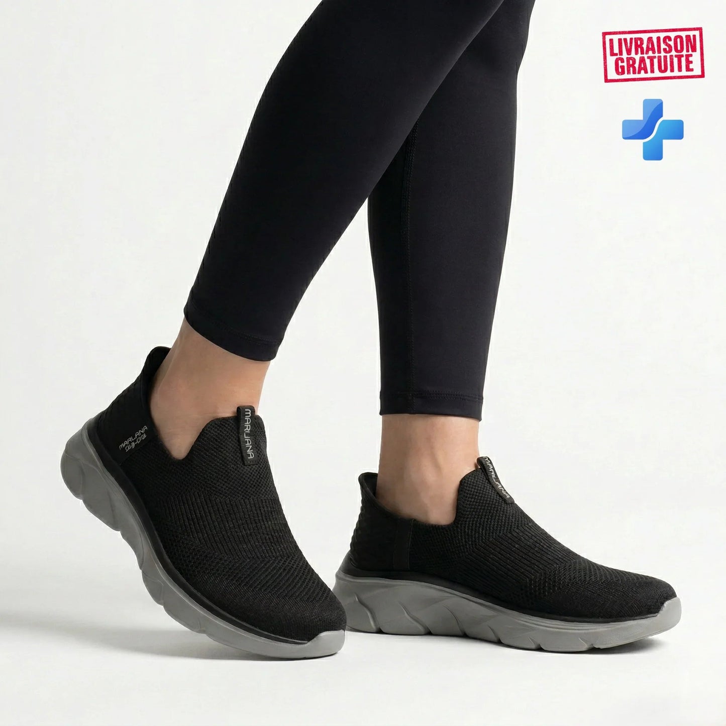 BAJO SHOES Baskets Médicales Femme Slip-in noir – portées en marche avec leggings noirs – Marjana label – semelle orthopédique ergonomique – BAJO SHOES