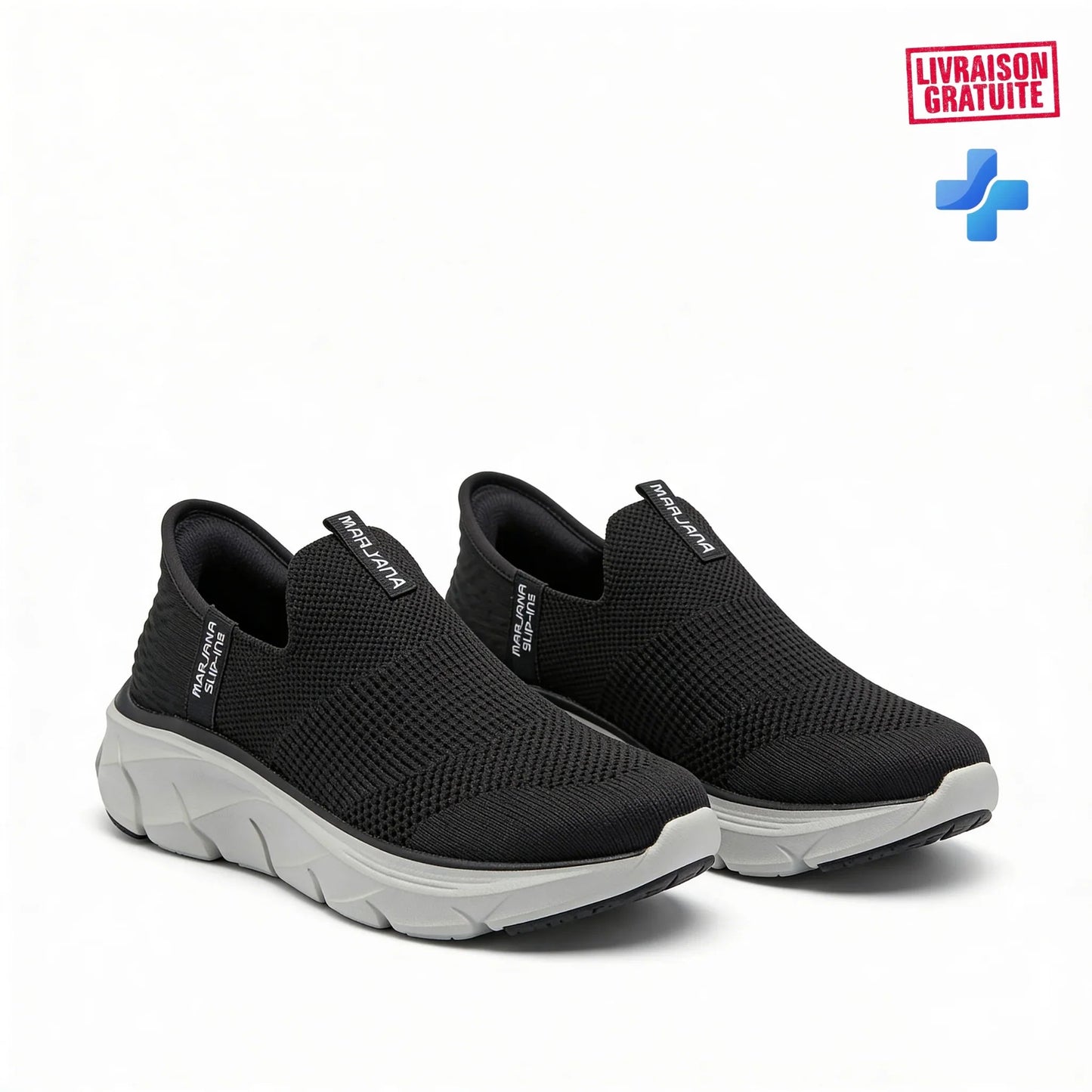 BAJO SHOES Baskets Médicales Femme Slip-in noir – paire vue 3/4 – semelle ergonomique blanche – mesh respirant – design slip-in – BAJO SHOES