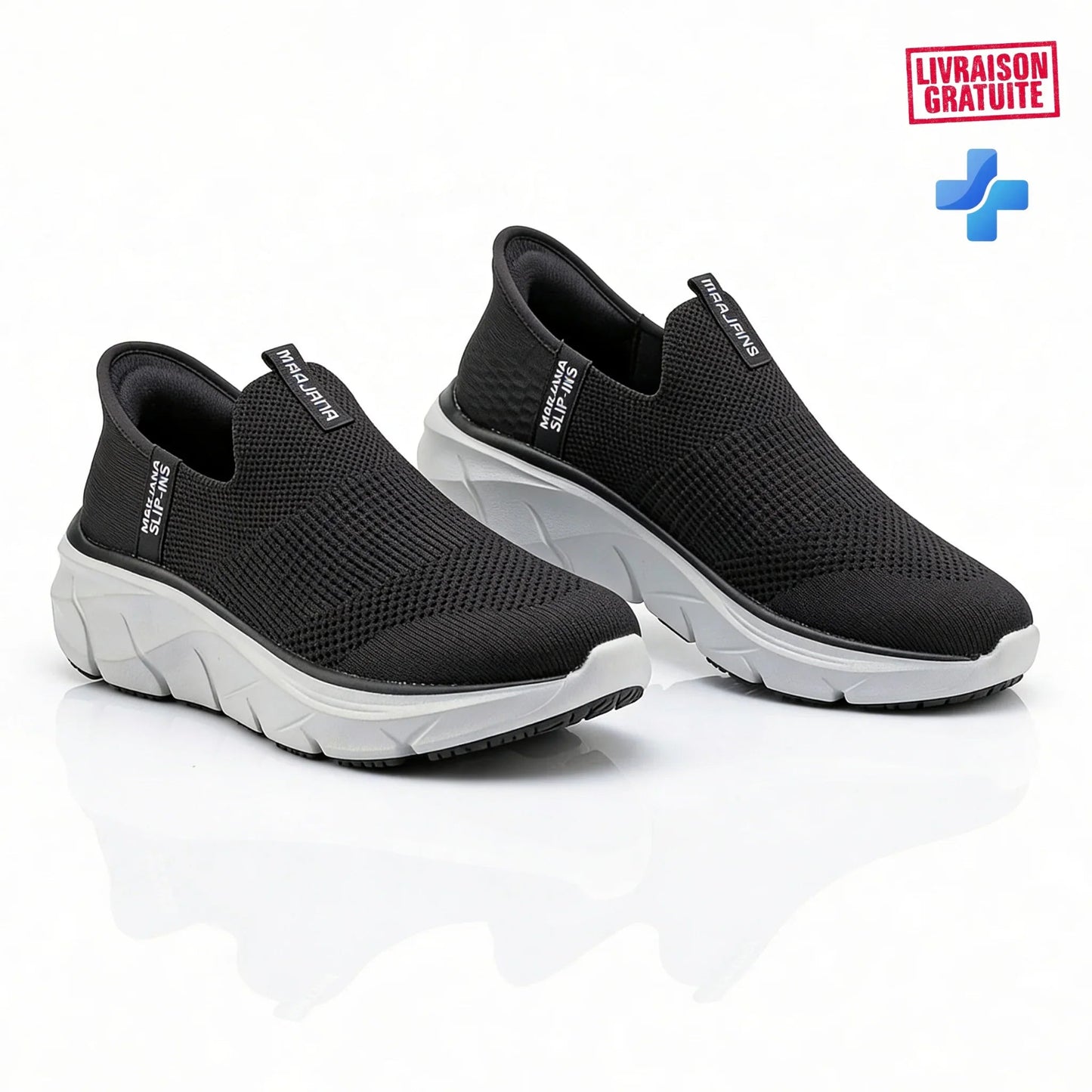BAJO SHOES Baskets Médicales Femme Slip-in noir – paire vue alternative – Marjana Slip-Ins – semelle blanche légère – confort absolu toute la journée – BAJO SHOES