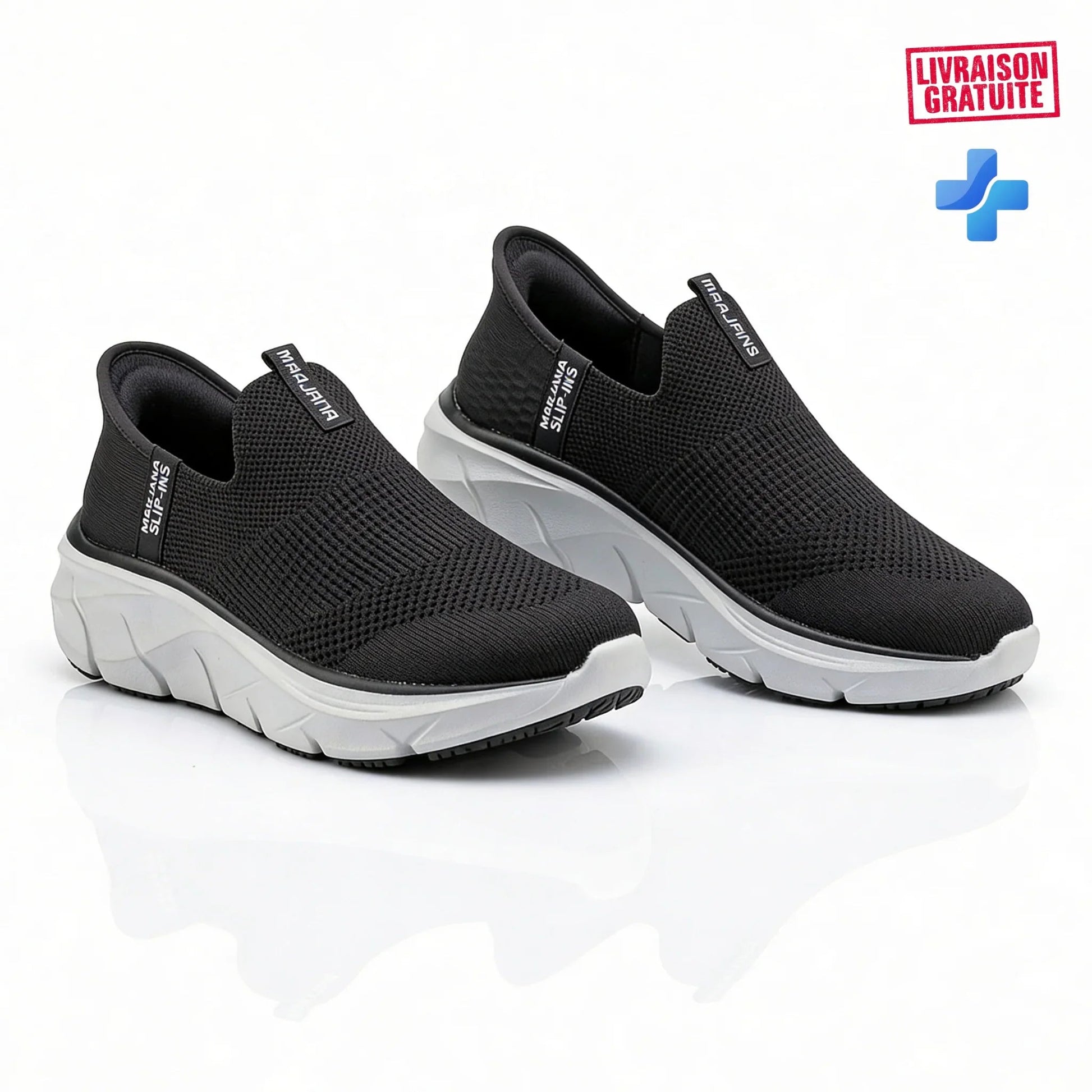BAJO SHOES Baskets Médicales Femme Slip-in noir – paire vue alternative – Marjana Slip-Ins – semelle blanche légère – confort absolu toute la journée – BAJO SHOES