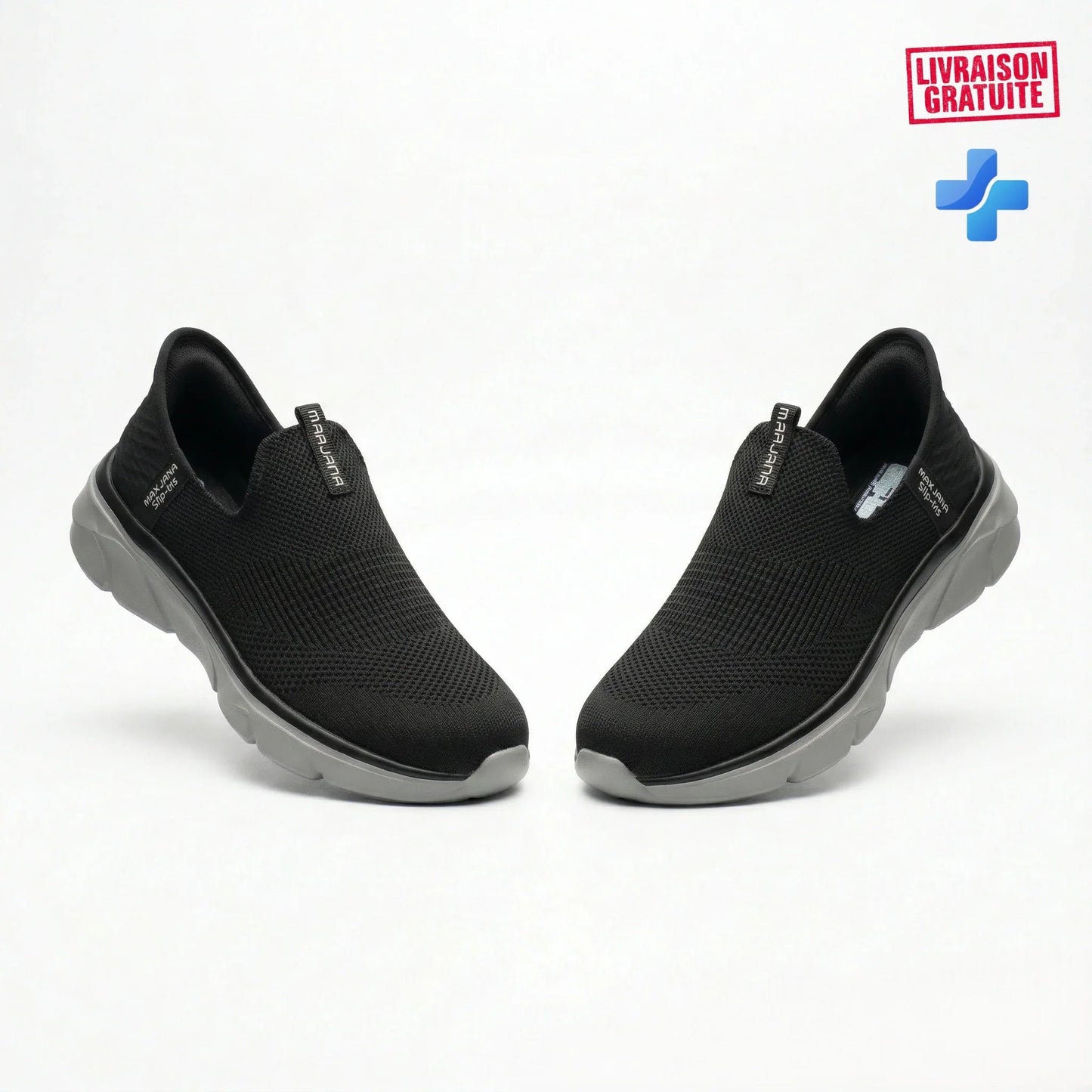 BAJO SHOES Baskets Médicales Femme Slip-in noir – paire vue de face – mesh respirant – semelle orthopédique grise – facile à enfiler – BAJO SHOES