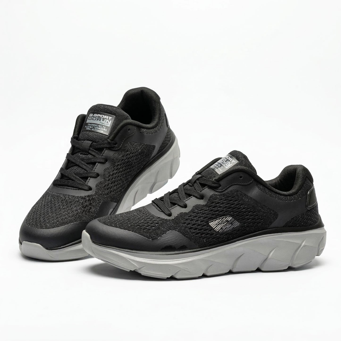 BAJO SHOES Chaussures de Sport Homme gris avec accents bleu et noir – paire en lévitation – GoRun Slip-Ins – semelle blanche ergonomique – mesh respirant – BAJO SHOES