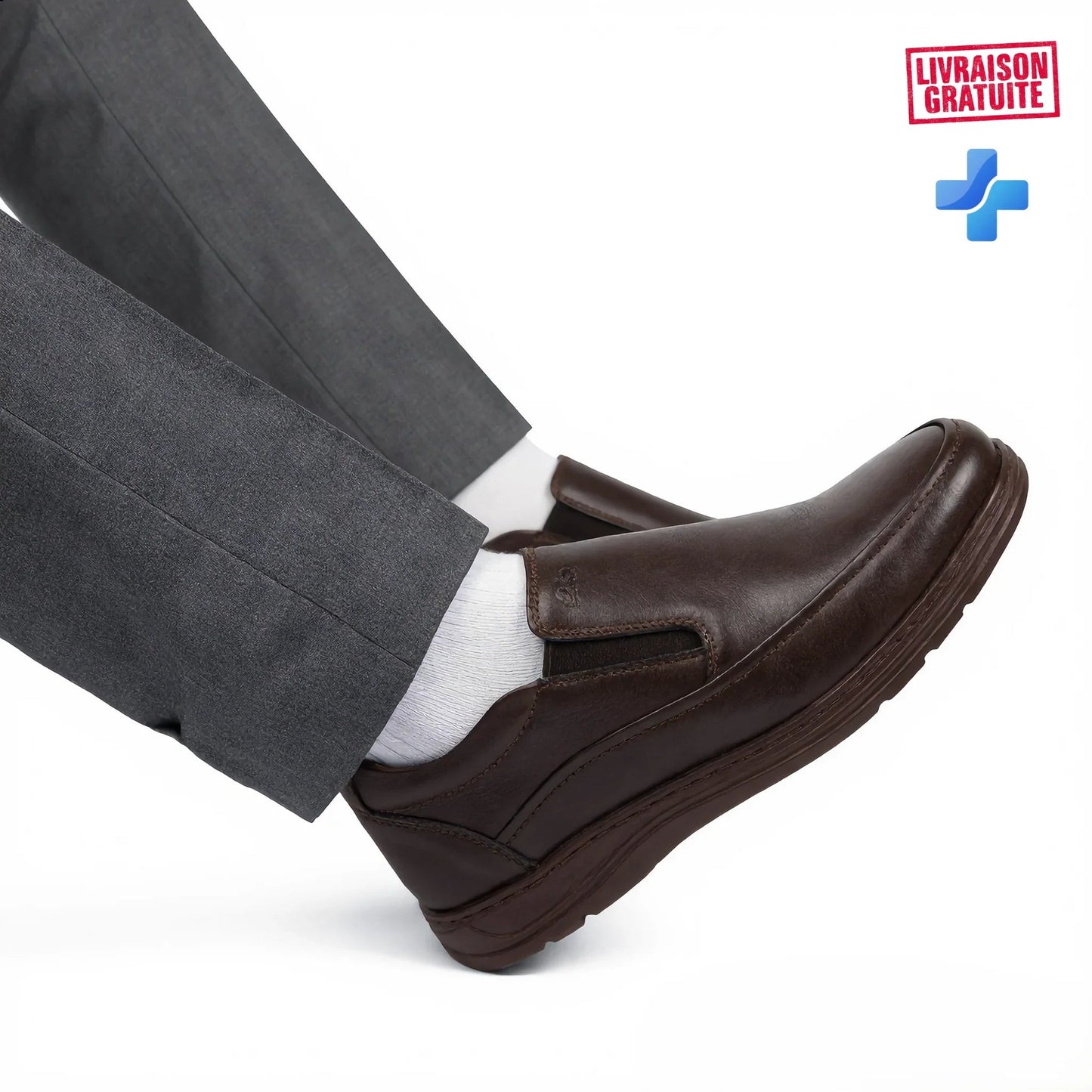 BAJO SHOES Ville Confortables black leather slip-on shoes – lifestyle shot worn walking with grey pants – everyday comfort – BAJO SHOES ville confortables