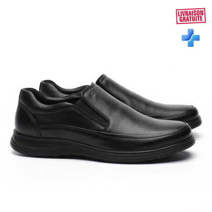 BAJO SHOES Ville Confortables black leather slip-on city shoes pair – 3/4 front product shot – premium leather – BAJO SHOES ville confortables