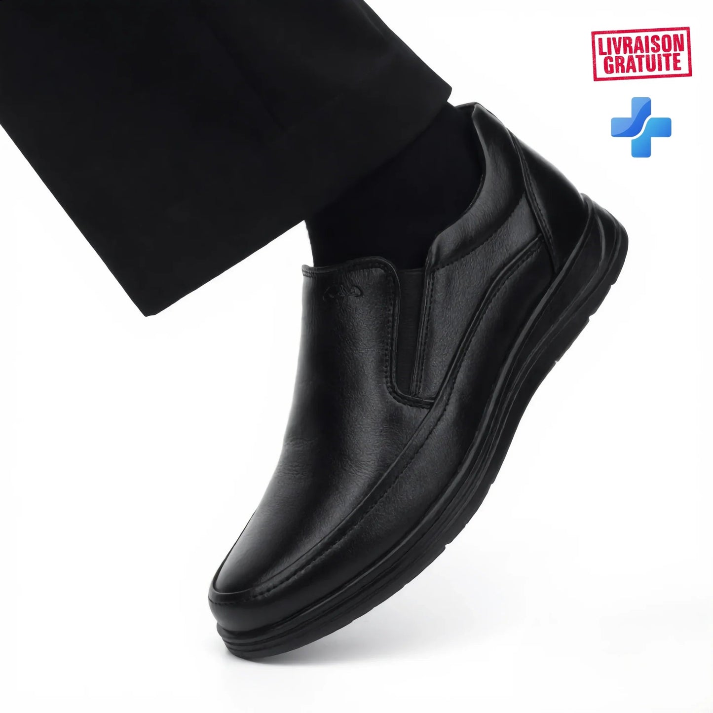 BAJO SHOES Ville Confortables brown leather slip-on – closeup worn with grey pants and white socks – lifestyle detail – BAJO SHOES ville confortables