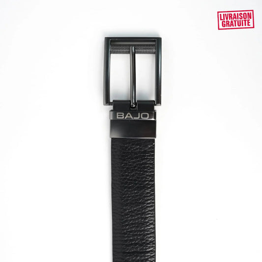 Ceinture homme cuir véritable noir – Gros plan boucle carrée pivotante gravée BAJO – Double face Noir & Marron – BAJO SHOES