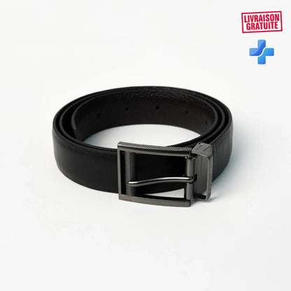 Ceinture homme réversible cuir véritable noir enroulée – Vue produit fond blanc – Boucle pivotante BAJO – Double face élégante