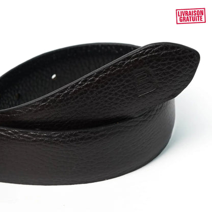Ceinture homme cuir véritable grain noir – Gros plan texture cuir premium – Réversible double face Noir & Marron – BAJO SHOES