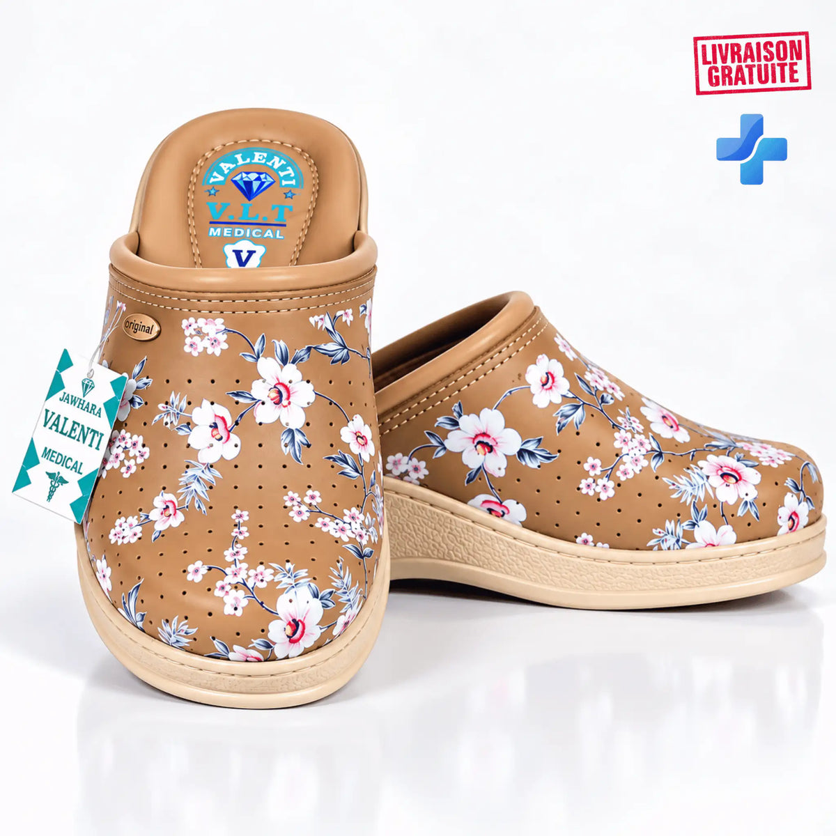 Sabot médical femme marron à motif floral Valenti