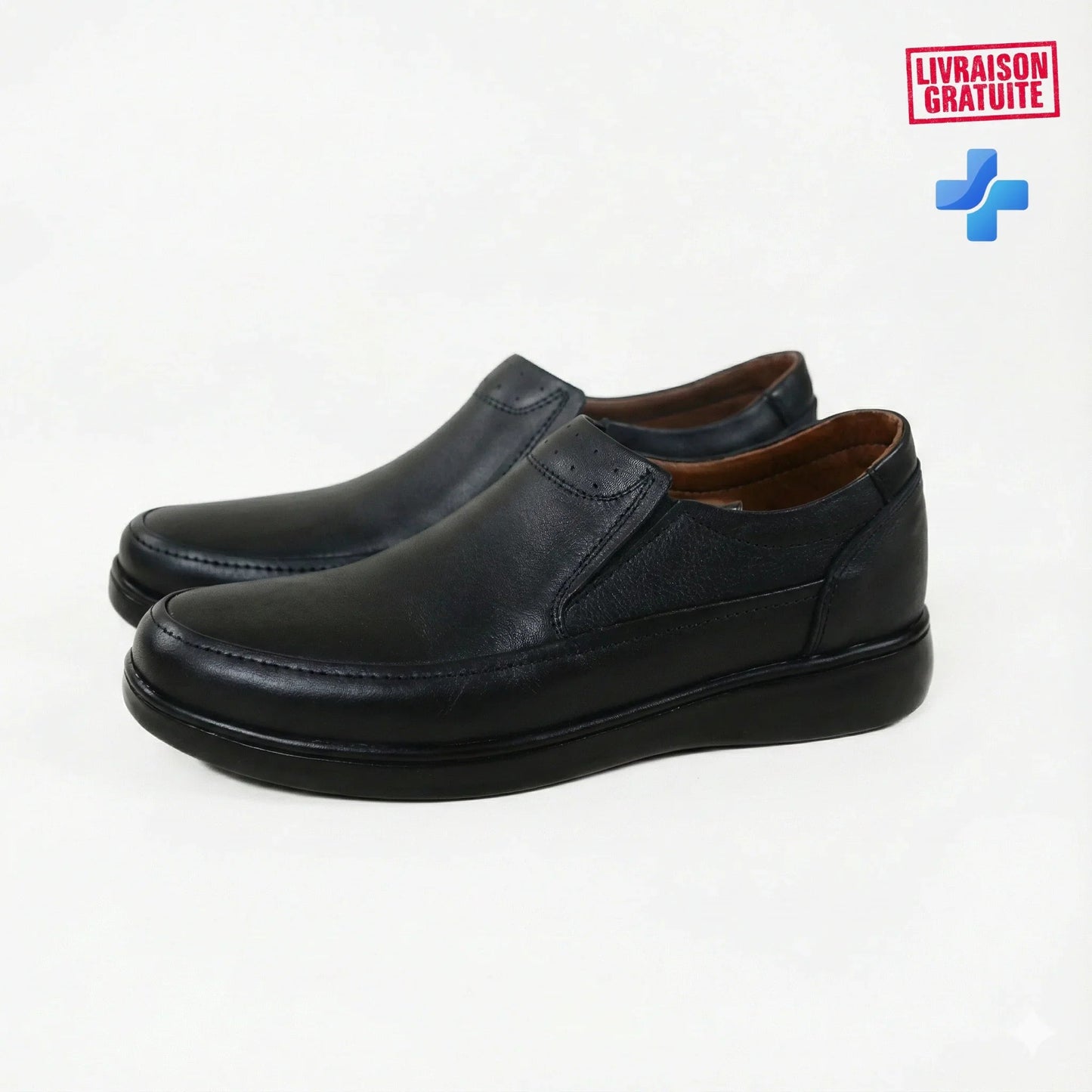 Chaussure de ville homme cuir premium noir slip-on – Vue produit paire 3/4 fond blanc – Semelle médicale haute performance – BAJO SHOES 108