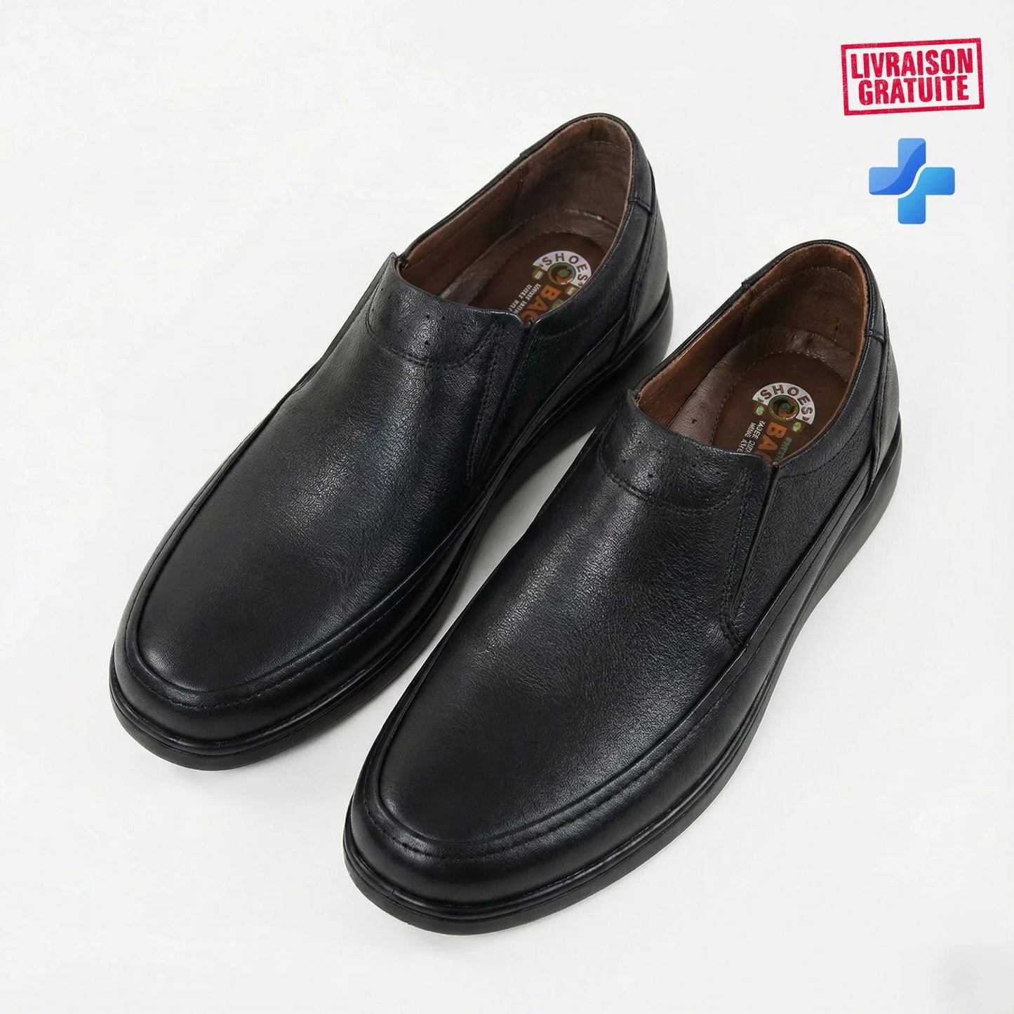 Chaussure de ville homme cuir noir slip-on – Vue dessus paire intérieur BAJO – Semelle médicale ergonomique premium – BAJO SHOES 108
