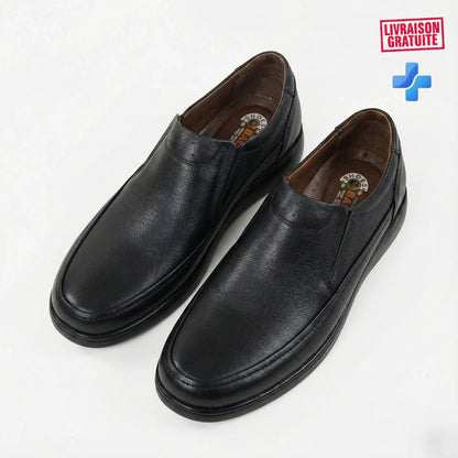 Chaussure de ville homme cuir noir slip-on – Vue dessus paire intérieur BAJO – Semelle médicale ergonomique premium – BAJO SHOES 108