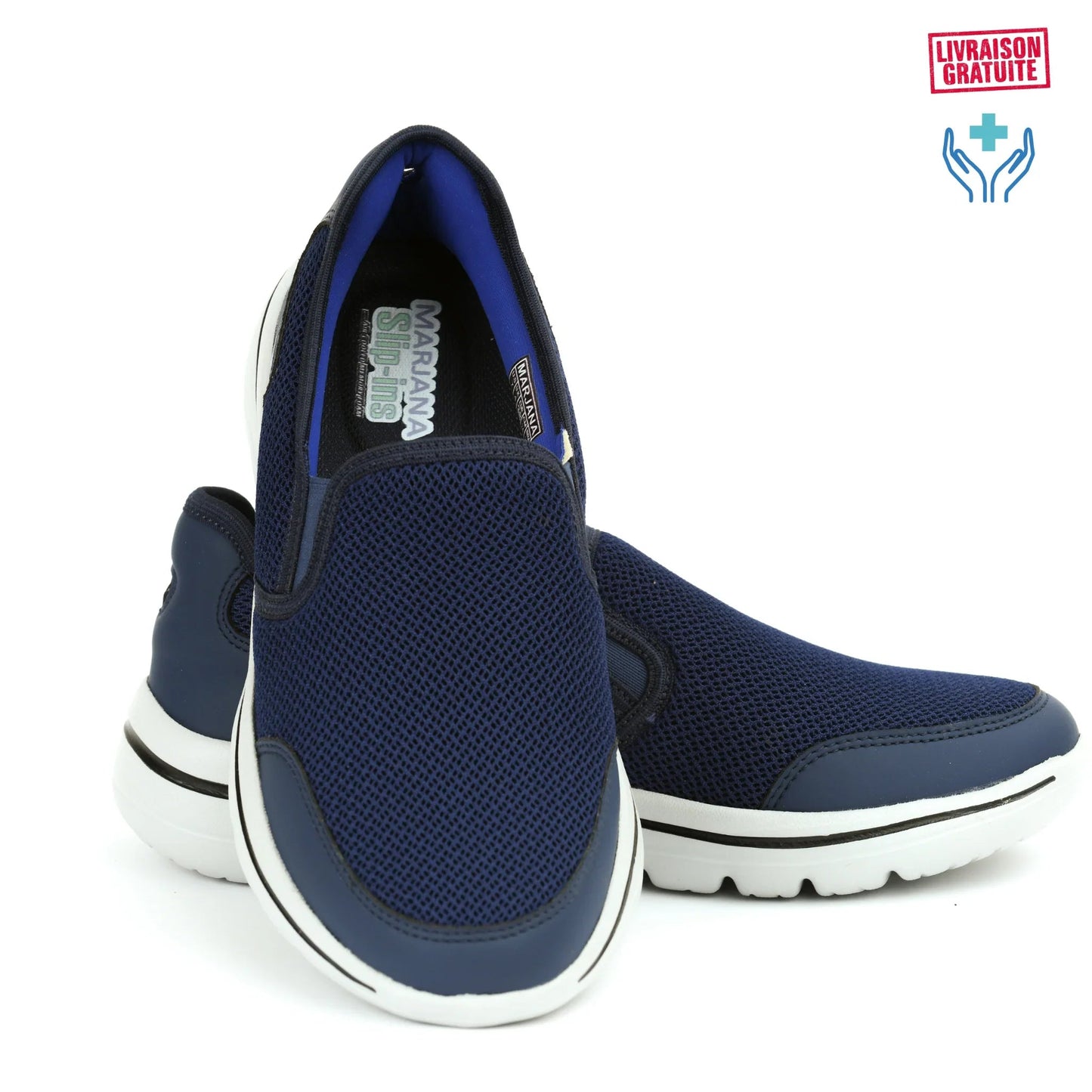 Chaussures médicales femme MARJANA bleu marine – Vue produit paire fond blanc – Slip-in semelle orthopédique ergonomique – BAJO SHOES