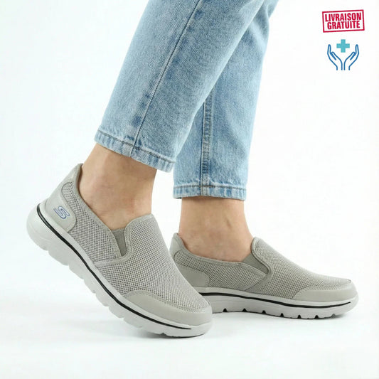 Chaussures médicales femme MARJANA gris slip-in portées avec jean – Semelle orthopédique ergonomique légère – BAJO SHOES