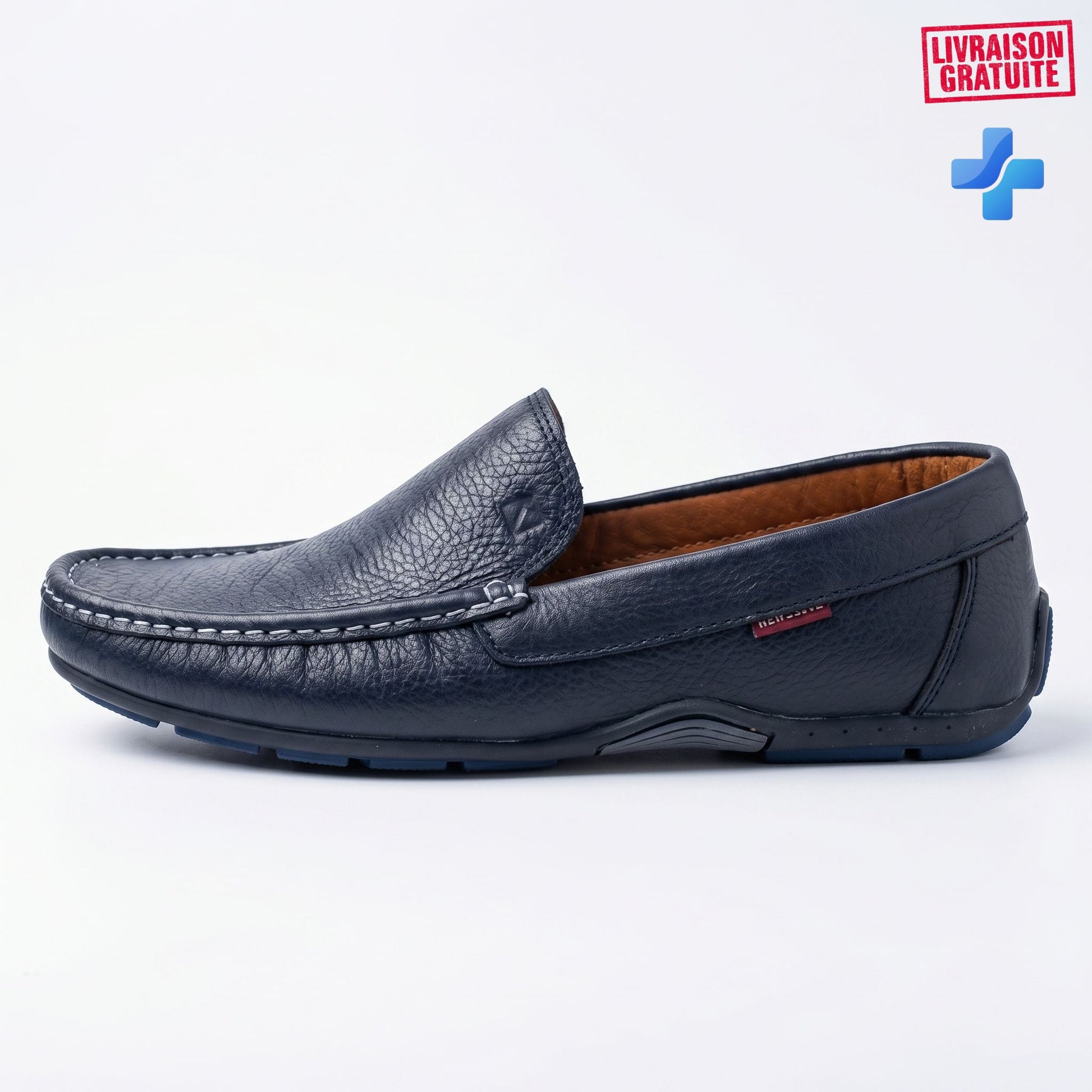 Mocassin cuir grainé homme bleu marine BAJO SHOES – Vue profil latéral – Livraison gratuite – Confort médical