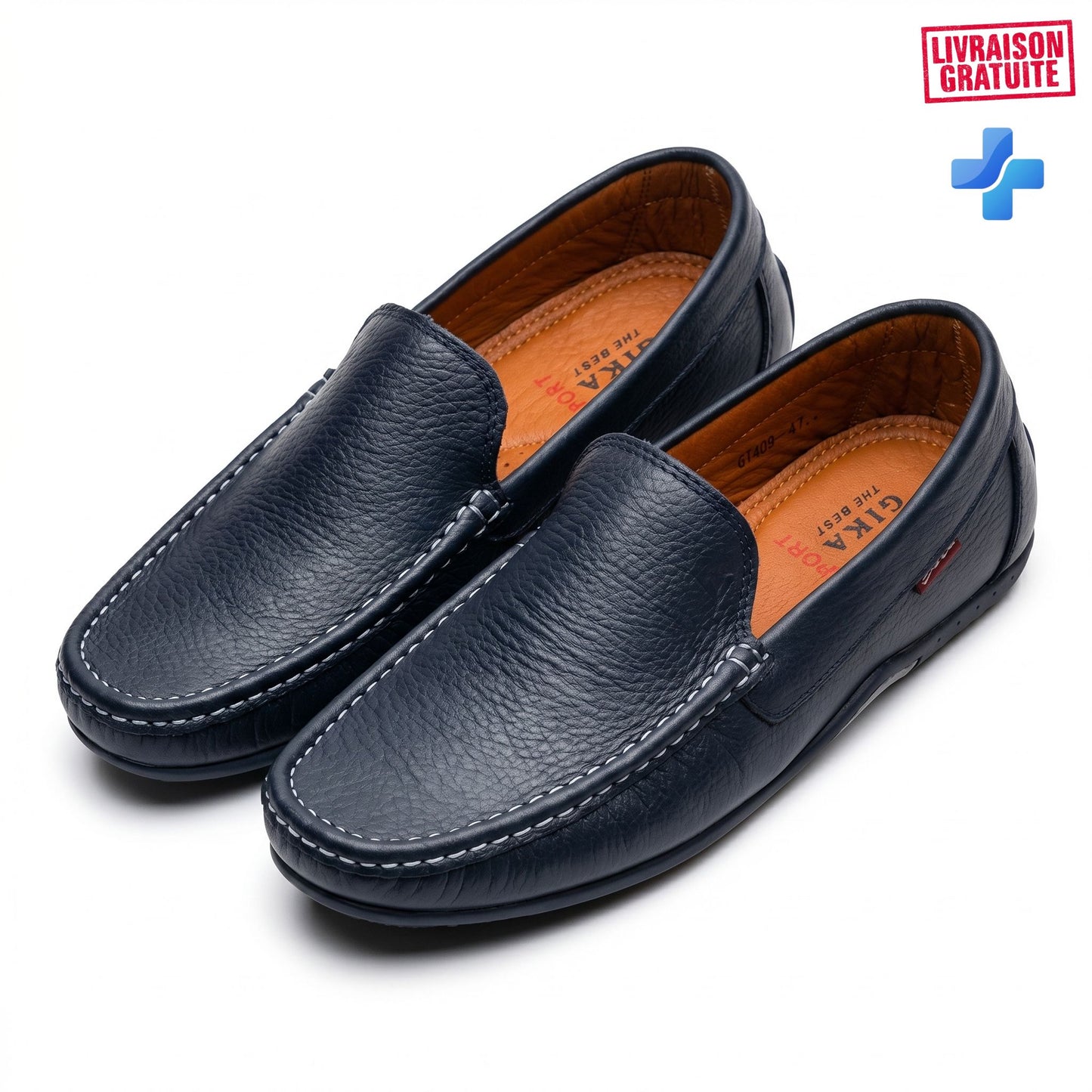 Paire de mocassins cuir grainé homme bleu marine BAJO SHOES – Vue 3/4 avec semelle intérieure cuir caramel – Livraison gratuite
