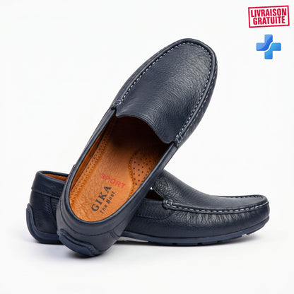 Mocassins cuir grainé homme bleu marine BAJO SHOES – Semelle intérieure cuir ergonomique – Livraison gratuite