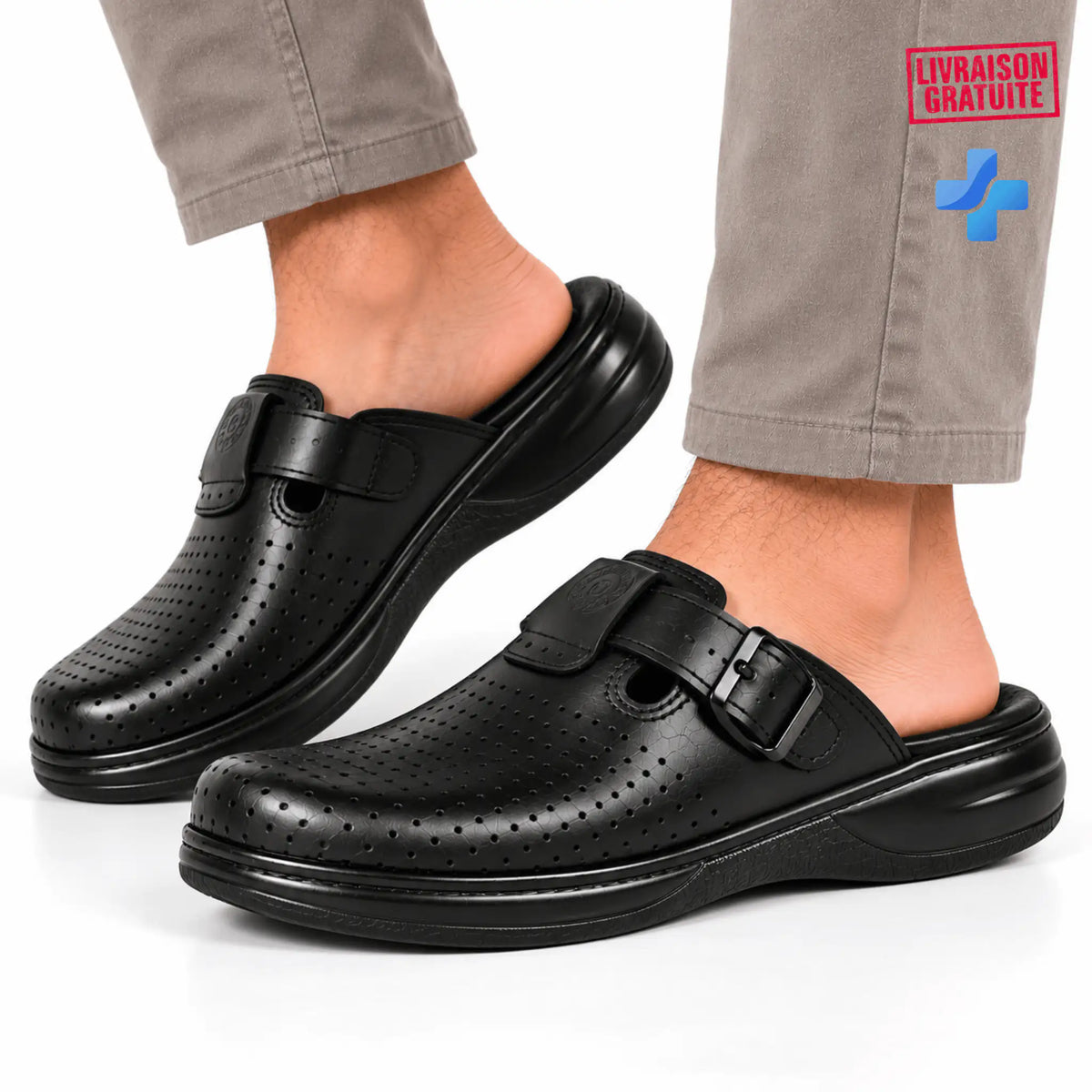 Sabot médical homme noir BAJO SHOES à boucle perforée, semelle souple et confort professionnel.