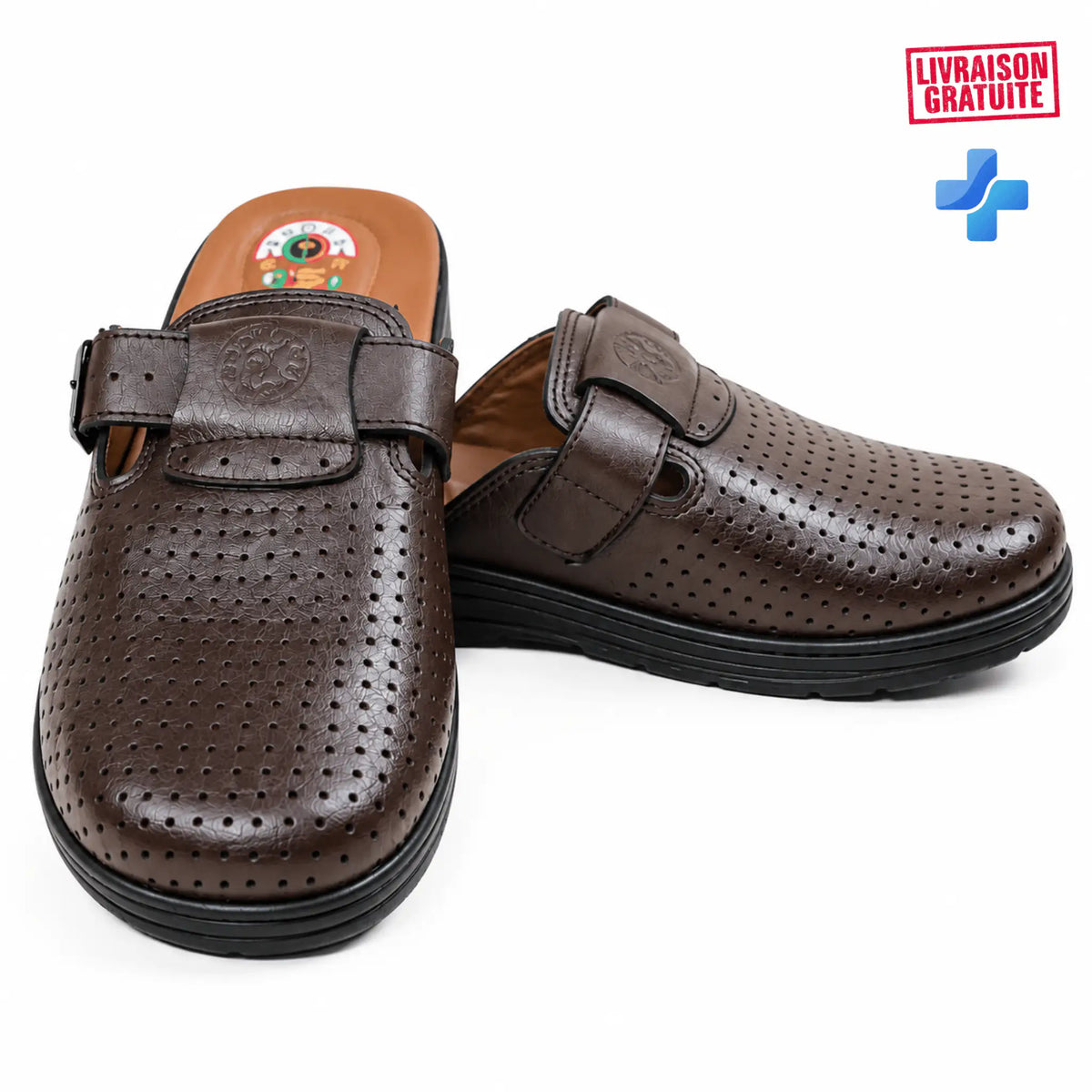 Sabot homme en cuir marron perforé avec boucle – modèle 04