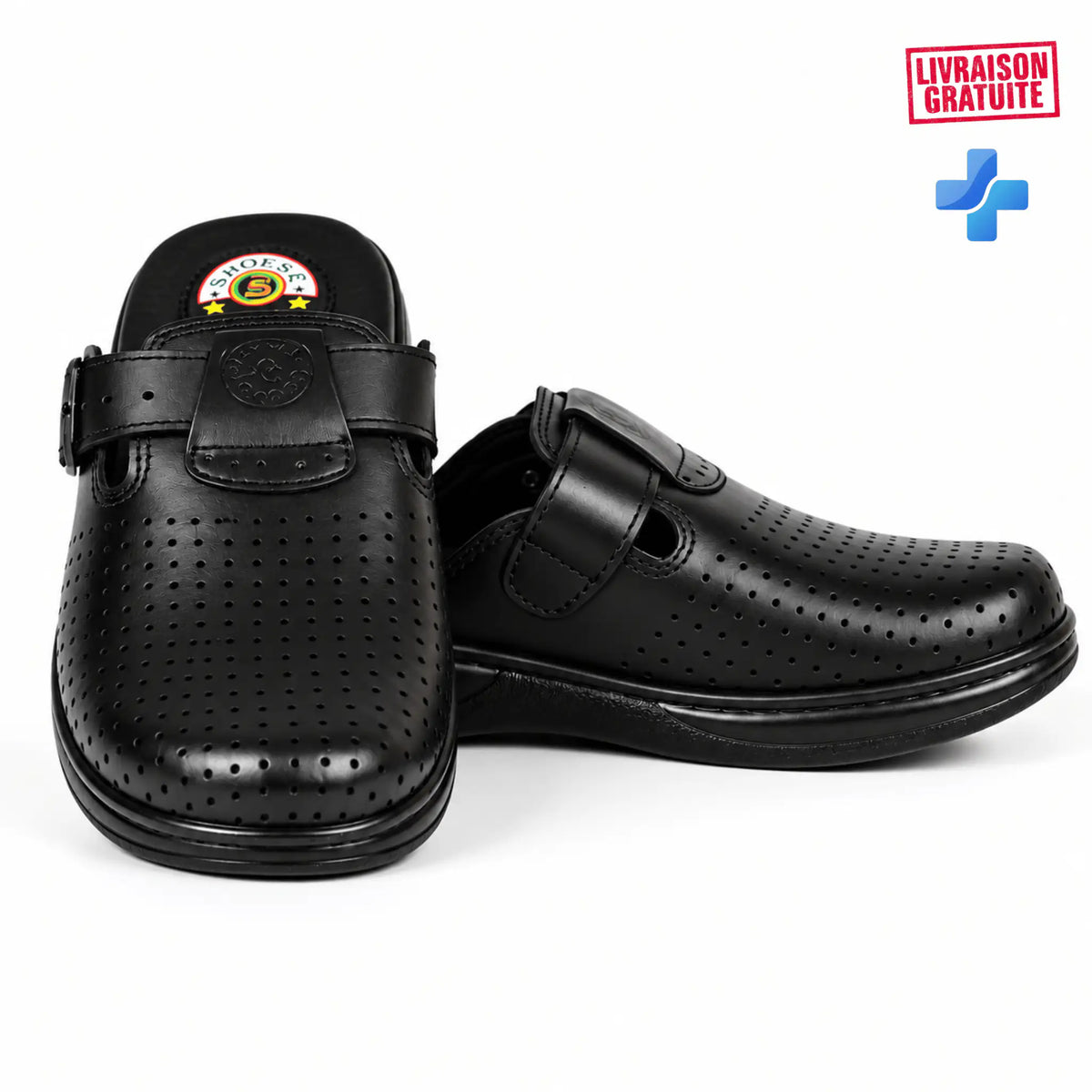 Sabot homme en cuir noir perforé avec boucle – modèle 04