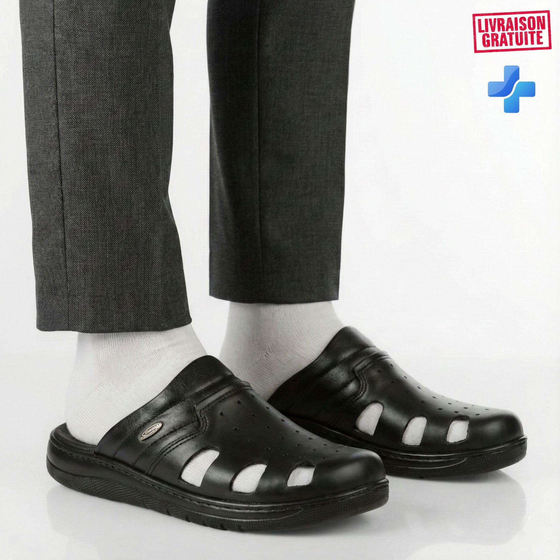 Sabot médical cuir homme – Vue paire coloris noir semelle ergonomique travail BAJO