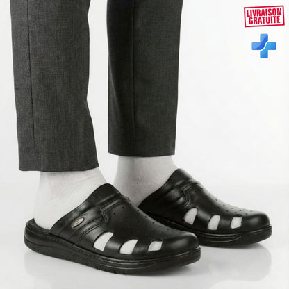 Sabot médical cuir homme – Vue paire coloris noir semelle ergonomique travail BAJO