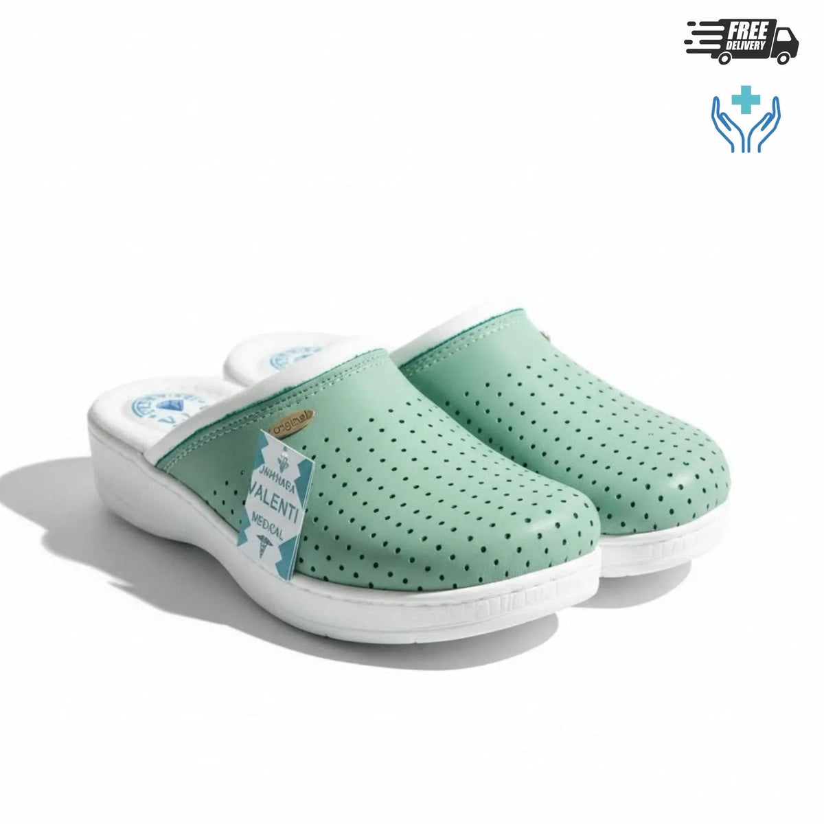 Sabot médical femme cuir véritable vert menthe – Vue produit paire – Semelle compensée anti-fatigue – BAJO SHOES 092