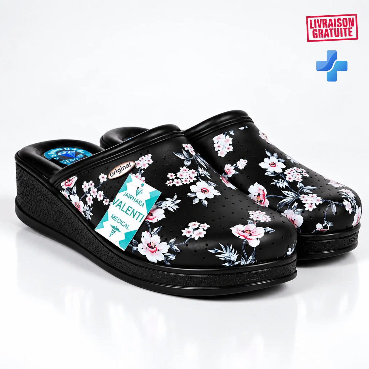 Sabot médical femme noir à motifs floraux Valenti
