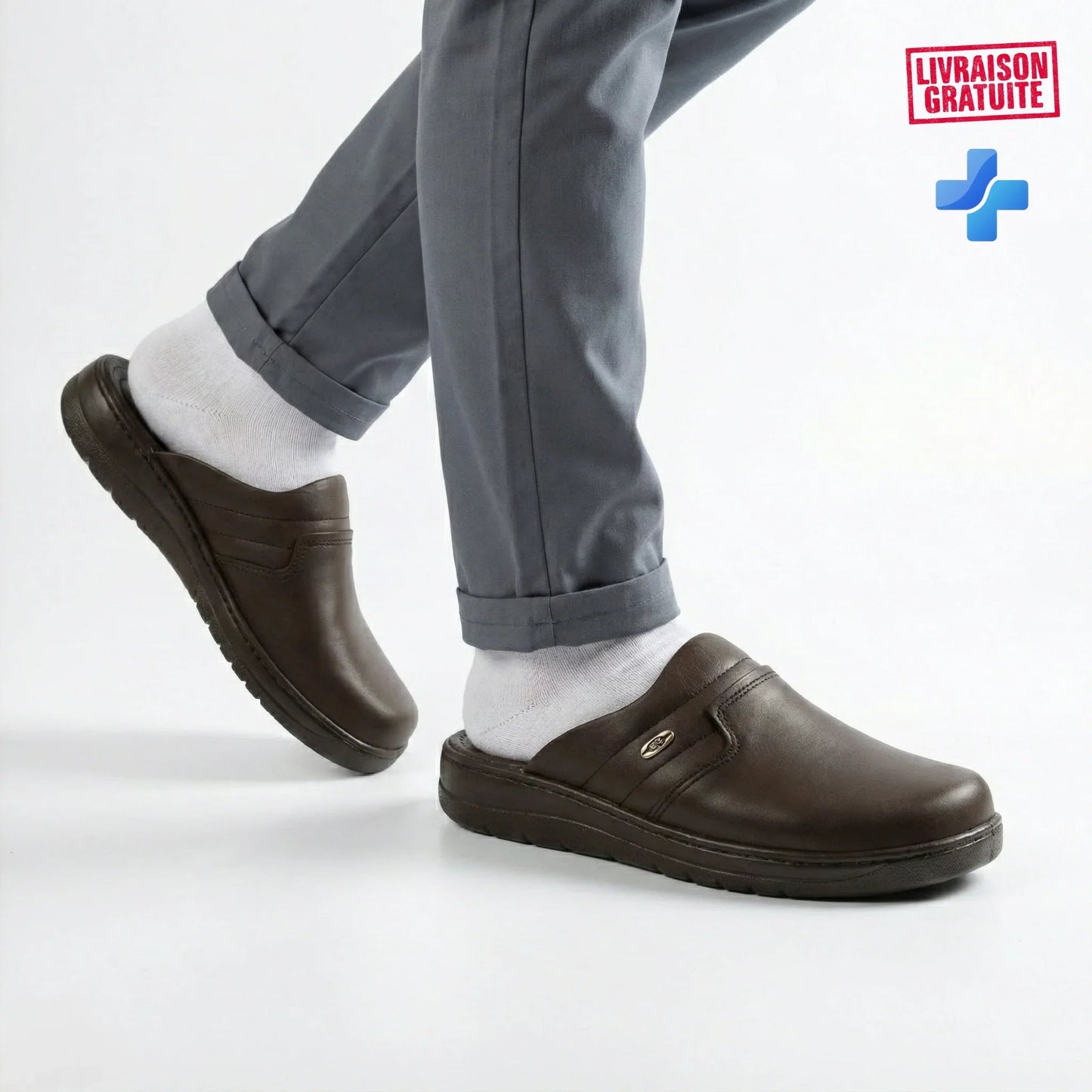 Sabot médical homme cuir lisse marron porté avec pantalon gris – Vue latérale lifestyle – Semelle anatomique anti-fatigue – BAJO SHOES 017
