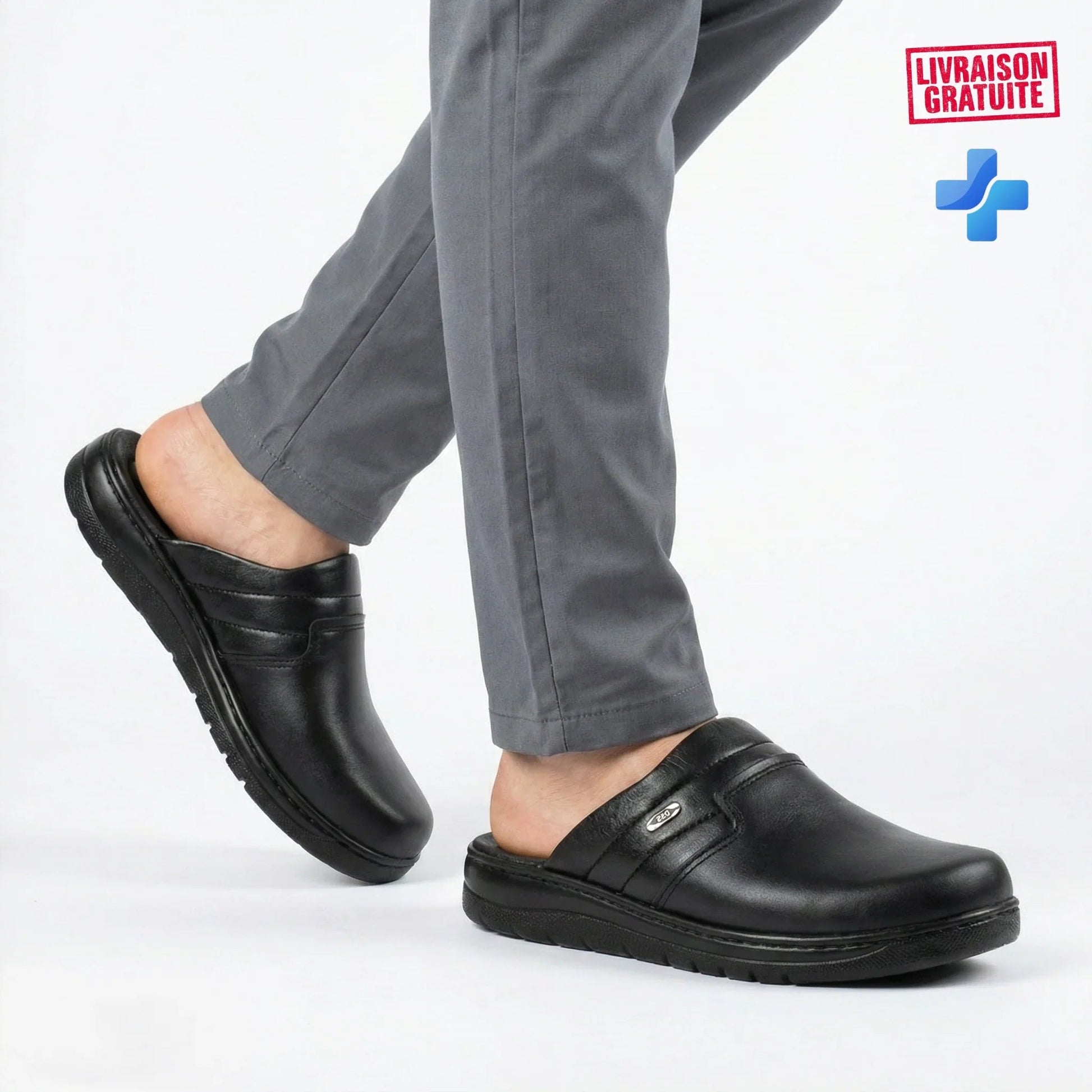 Sabot médical homme cuir lisse noir porté avec pantalon gris – Vue latérale en marche – Semelle anatomique anti-fatigue – BAJO SHOES 017