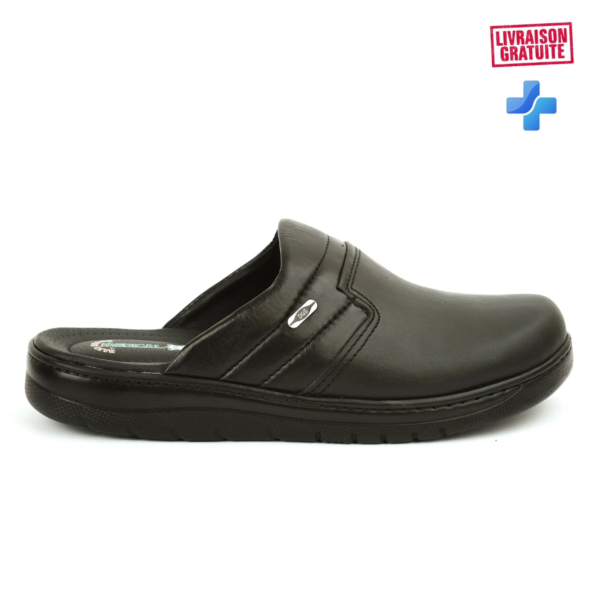 Sabot médical homme cuir lisse noir – Vue dessus paire fond blanc – Intérieur semelle ergonomique – Cuir premium étanche – BAJO SHOES 017