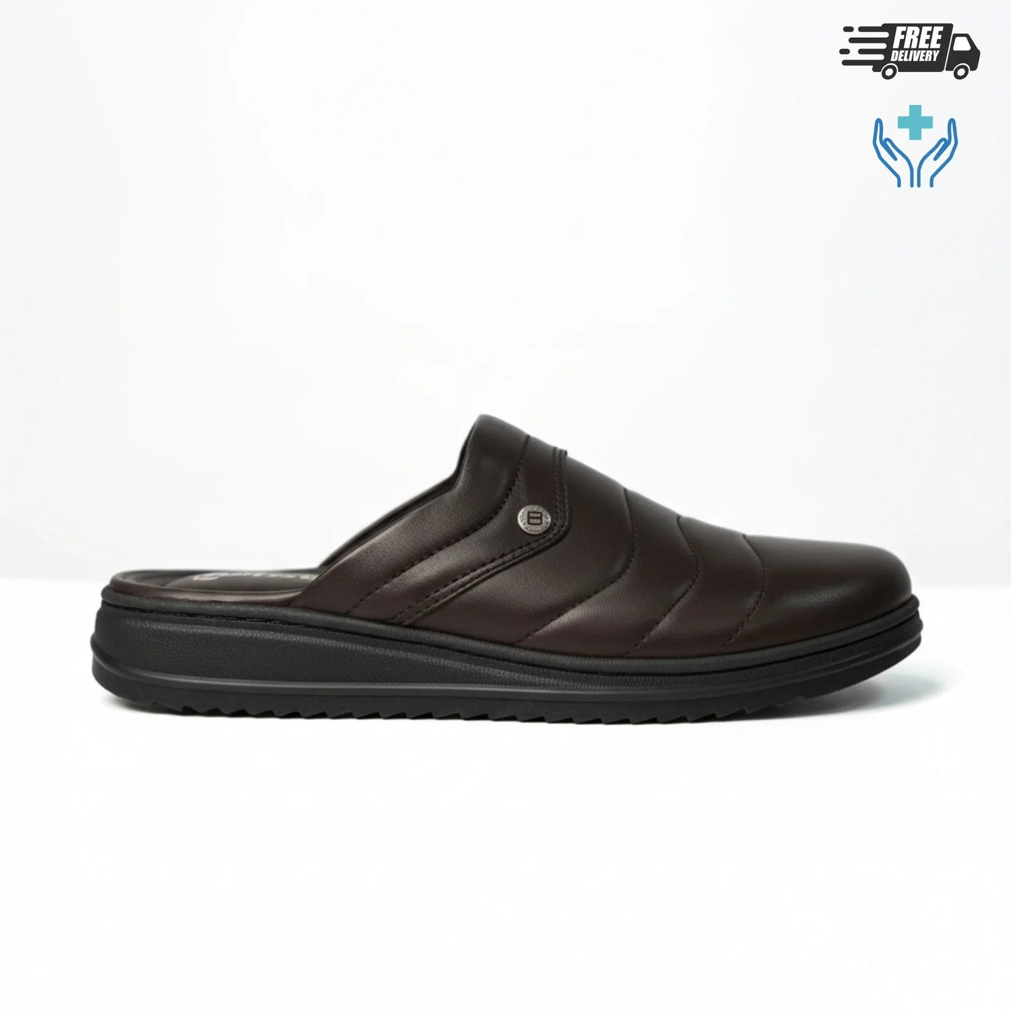Profil latéral de sabot médical homme cuir véritable marron, semelle compensée antidérapante confort professionnel - BAJO SHOES 047