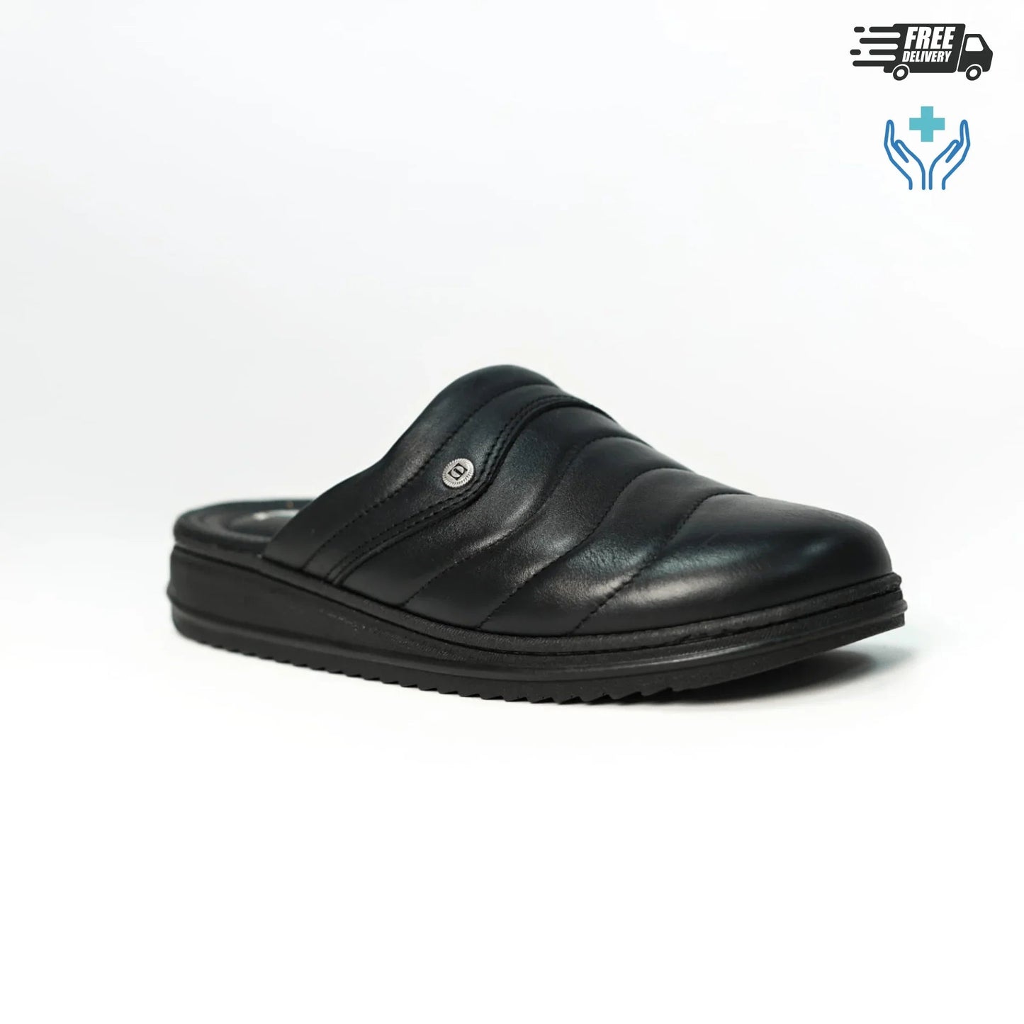 Profil latéral de sabot médical homme cuir véritable noir, semelle antidérapante et ergonomique pour longues stations debout - BAJO SHOES 047