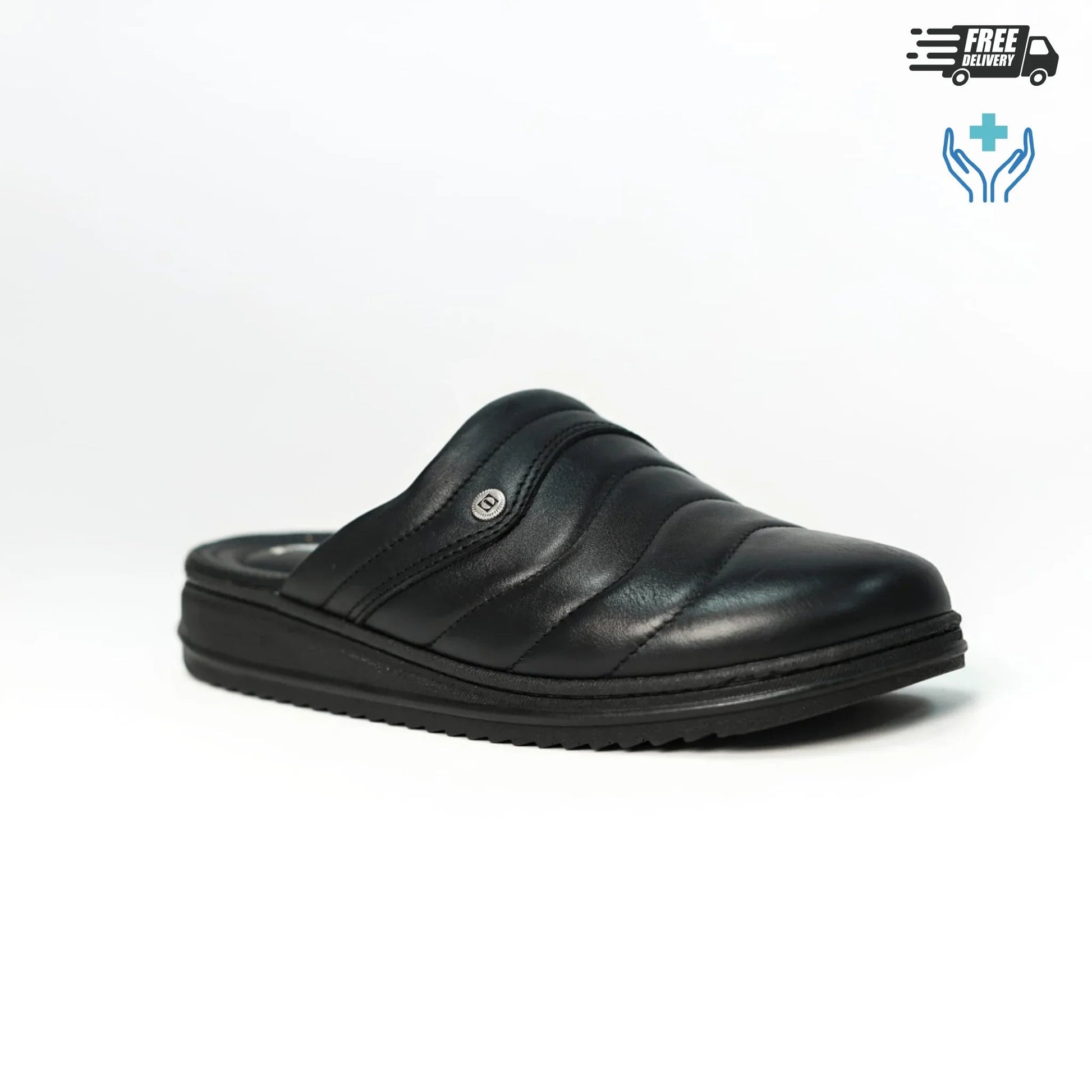 Profil latéral de sabot médical homme cuir véritable noir, semelle antidérapante et ergonomique pour longues stations debout - BAJO SHOES 047