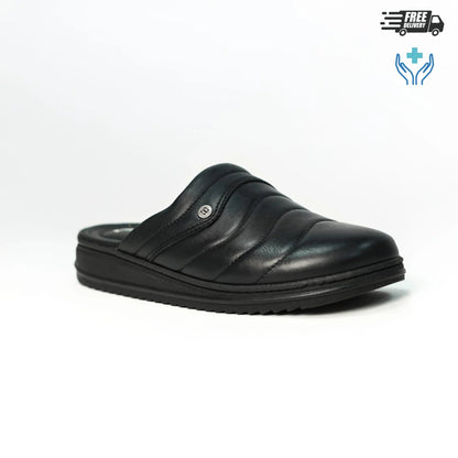 Profil latéral de sabot médical homme cuir véritable noir, semelle antidérapante et ergonomique pour longues stations debout - BAJO SHOES 047