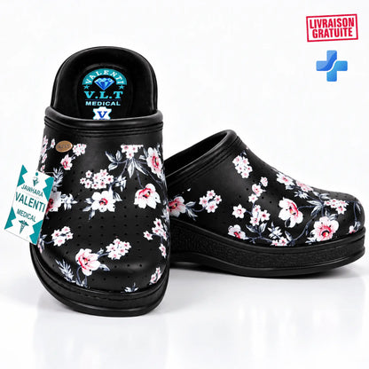 Sabot médical femme noir à motifs floraux Valenti