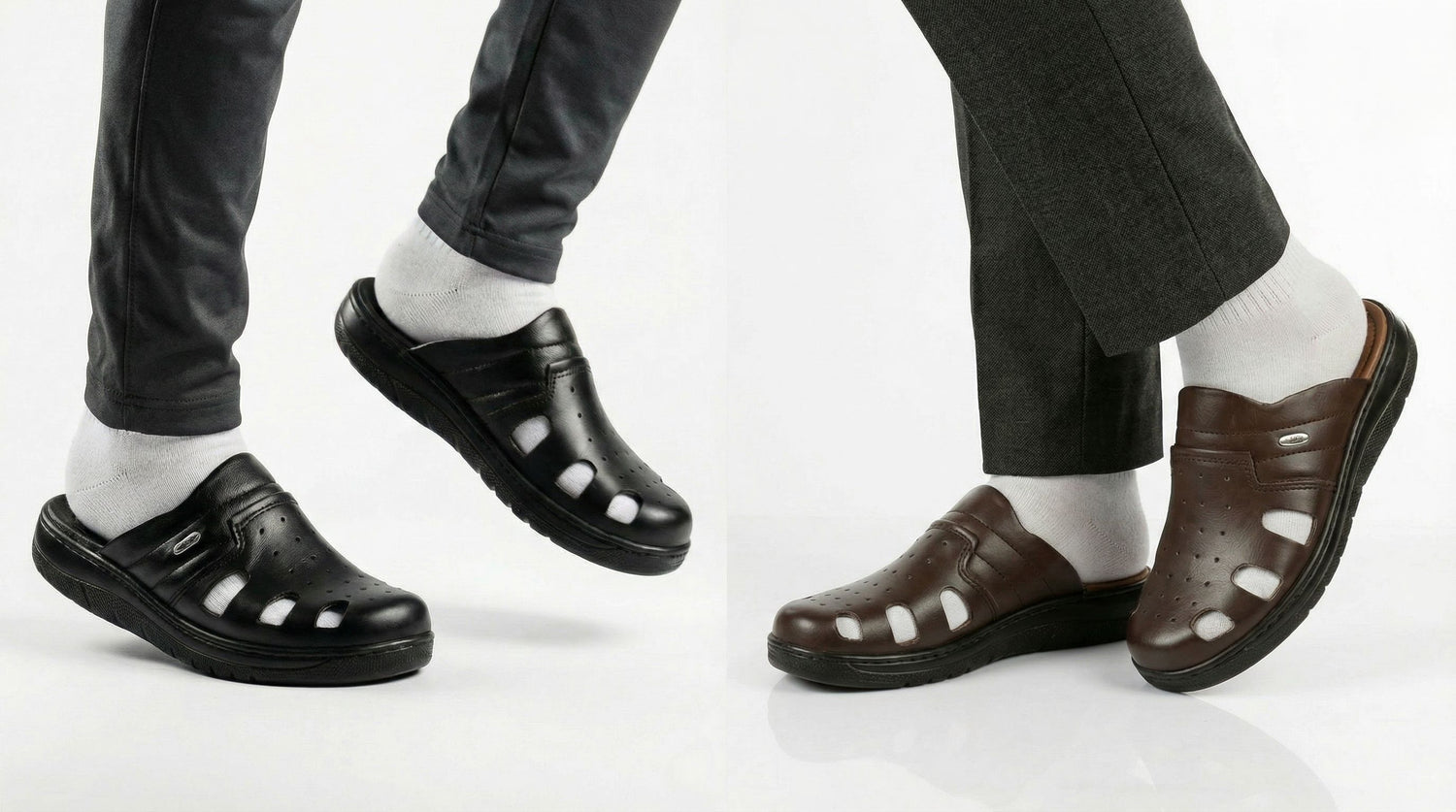 Sabots perforés pour homme disponibles en noir et marron foncé, portés avec des chaussettes blanches