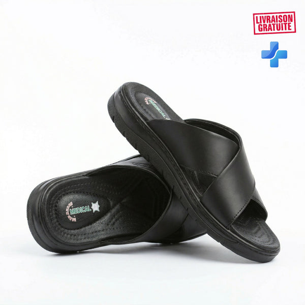 Sandale médicale homme cuir brides croisées – Vue de face semelle douce anti-irritation BAJO