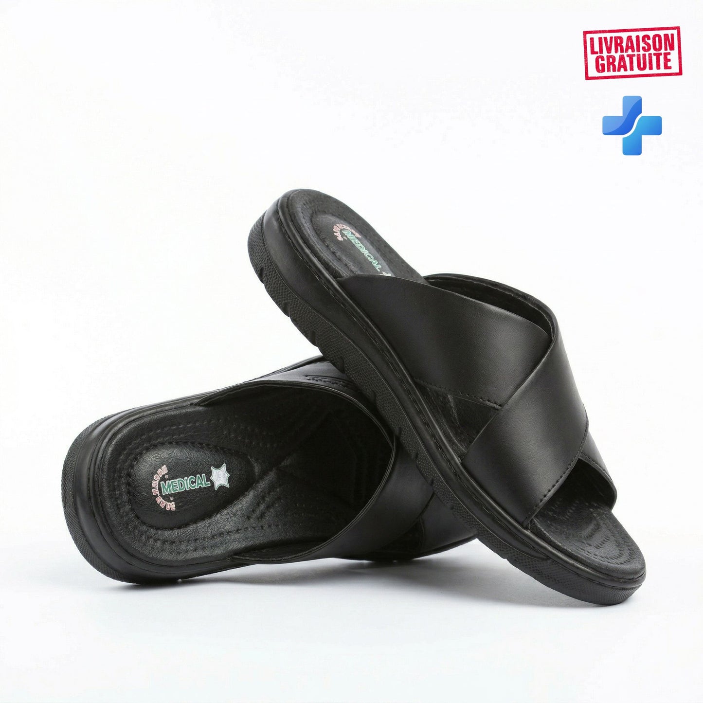 Sandale médicale homme cuir brides croisées – Vue de face semelle douce anti-irritation BAJO