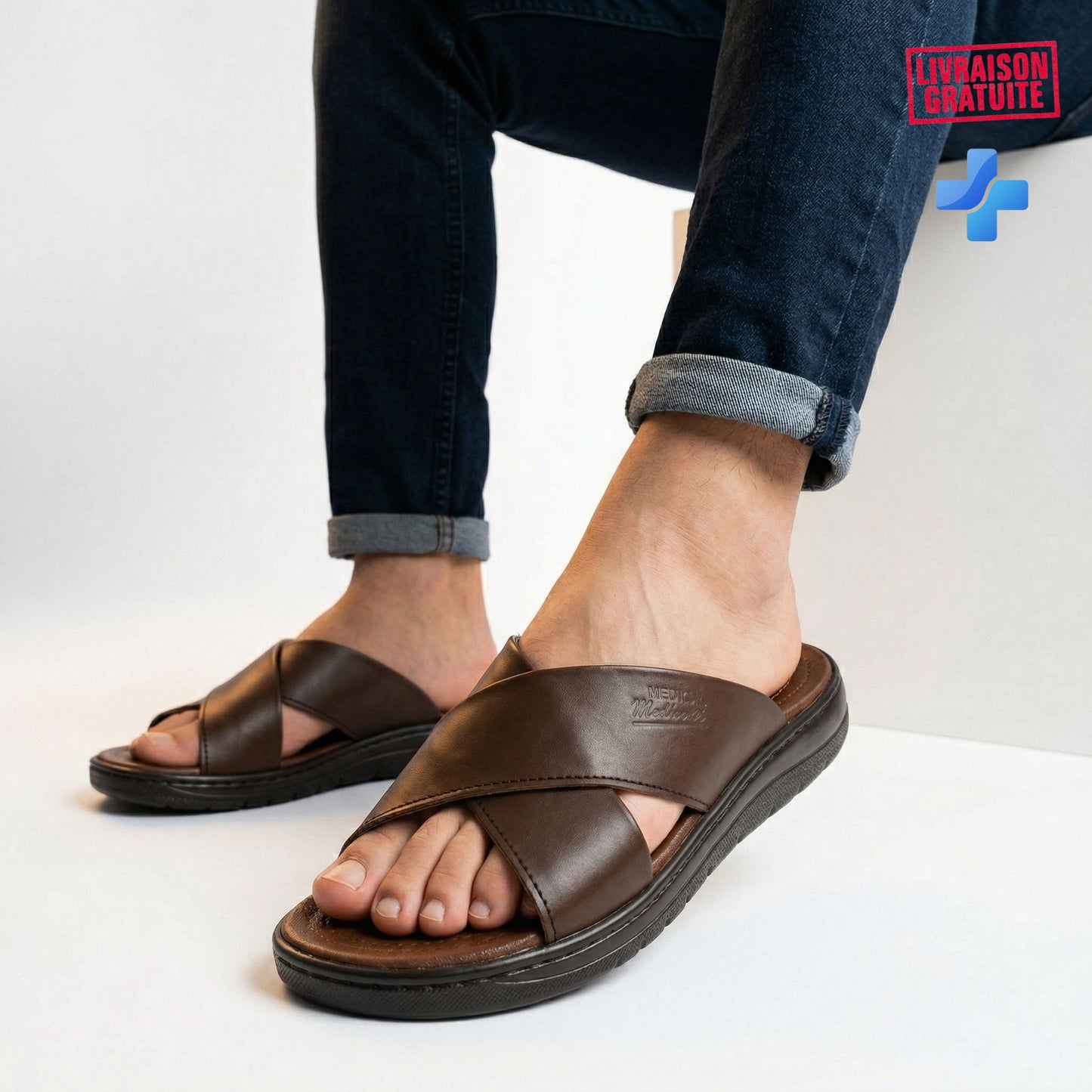Sandale médicale homme cuir brides croisées – Haute qualité résistant confort été BAJO