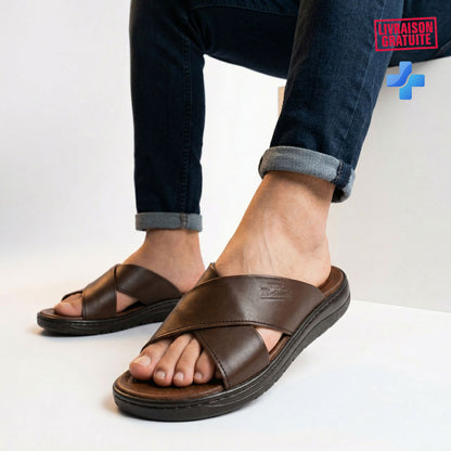 Sandale médicale homme cuir brides croisées – Haute qualité résistant confort été BAJO