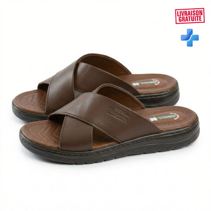 Sandale médicale homme cuir brides croisées – Détail finition cuir haute qualité BAJO